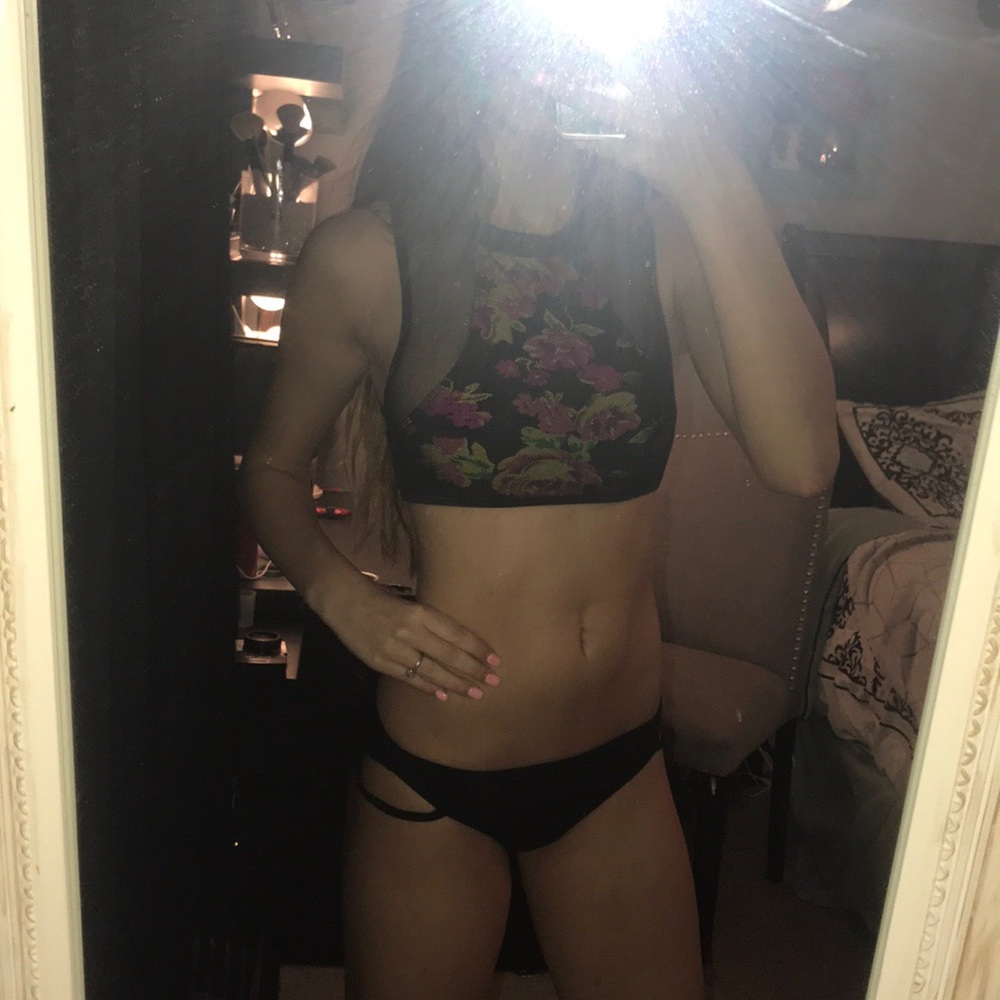 Black mesh swimsuit with rose pattern under